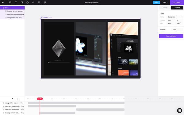 The image displays a digital animation editing interface for creating reels for the Morflax Studio launch.