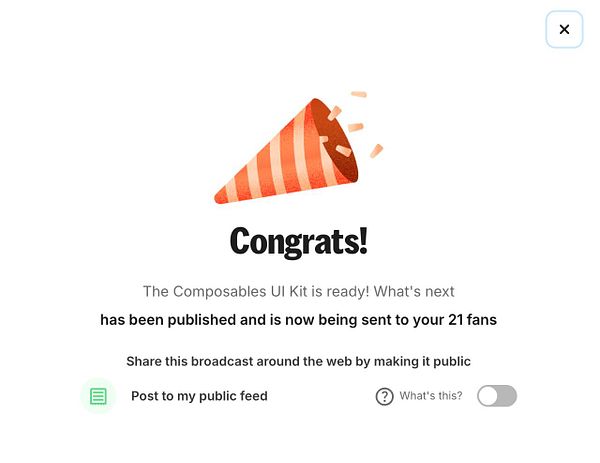 A celebratory message indicating the publication of the Composables UI Kit.