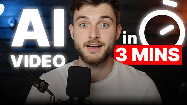 A young man with a beard is speaking directly to the camera, promoting a video about AI.