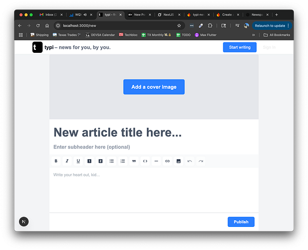 The image displays a web interface for creating a new article with options for adding a cover image and formatting text.
