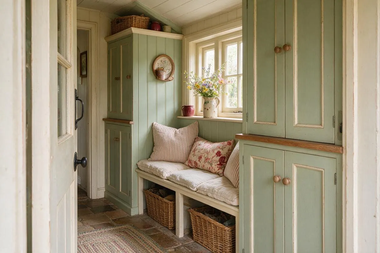 A cozy cottagecore front porch or entry nook with built-in sage green cabinets, cream trim, and a cushioned bench beneath a window. Floral and striped pillows, wicker baskets, a small rug, and a vase of wildflowers create a warm, collected feel.