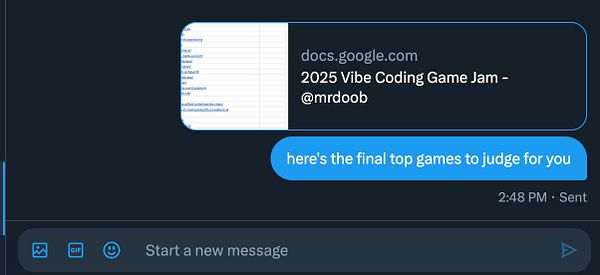 A screenshot of a direct message on Twitter sharing a link to a Google Docs file with a list of top games.