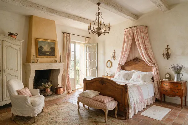 A French Country master bedroom with a carved wooden bed draped in pink floral fabric, a stone fireplace, terracotta tile floors, and a vintage chandelier. The room includes an upholstered armchair, a patterned bench, antique-style nightstands, and soft cream walls with exposed ceiling beams.