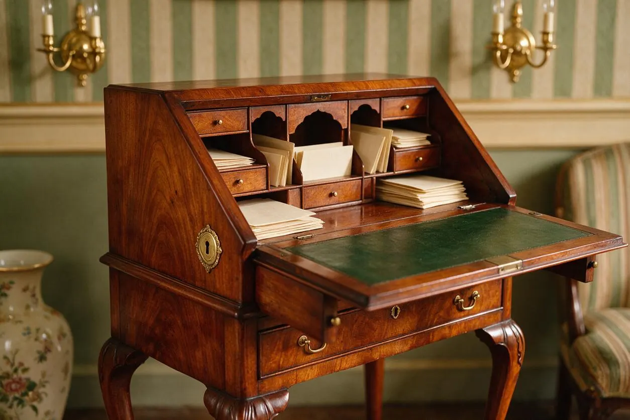 A traditional secretary desk made of polished wood with a hinged writing surface open to reveal small cubbies and drawers for letters and papers. The desk stands in a refined room with striped wallpaper, brass wall sconces, and upholstered seating in the background.