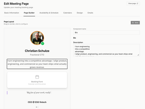 Screenshot of a booking page builder interface showing various customizable components like gallery, video thumbnails, and text sections.