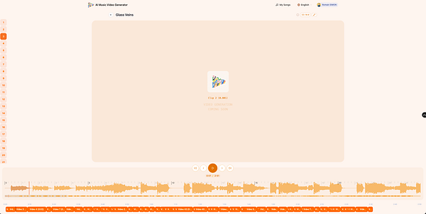 The image displays a user interface for an AI music video generator with a focus on a specific audio track titled 'Glass Veins'.