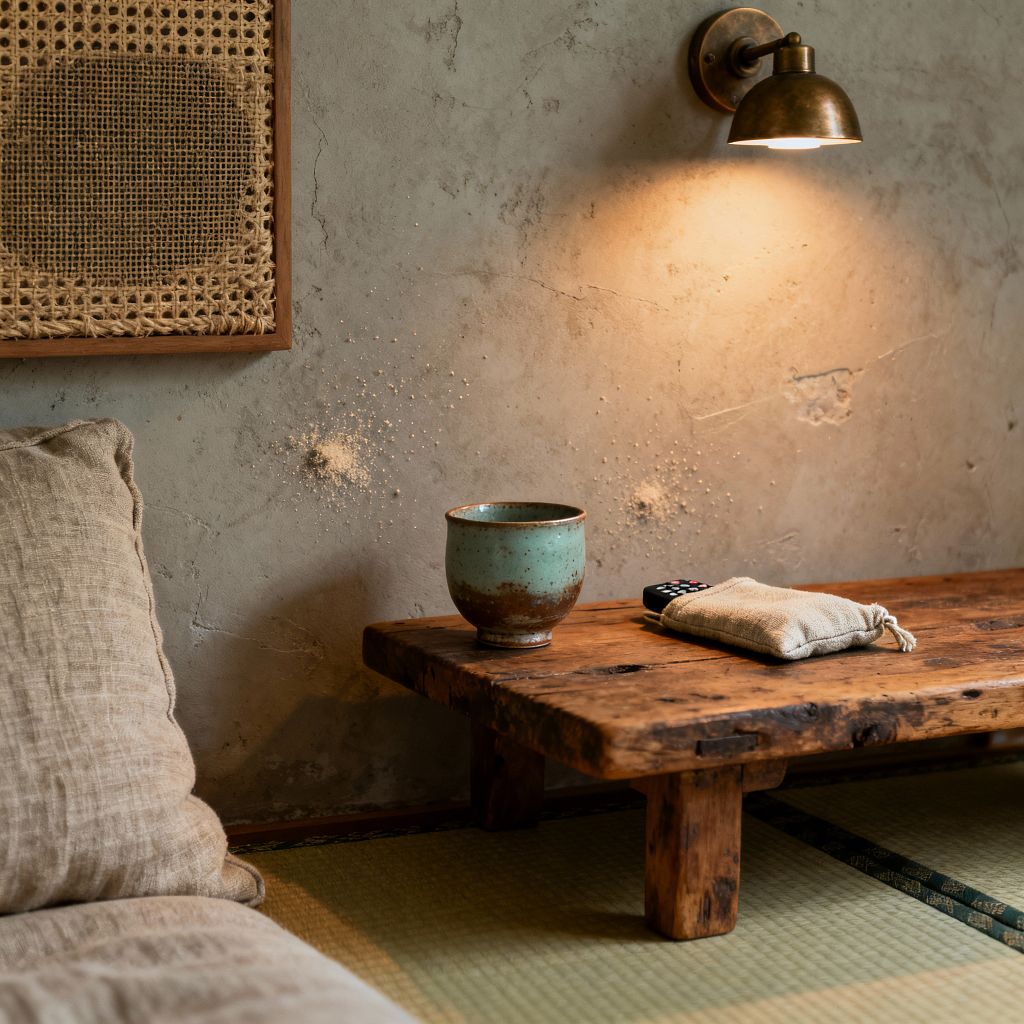 Close-up of a Wabi-Sabi media room corner with a low, chunky reclaimed-wood table on tatami flooring beside a linen floor cushion. A textured plaster wall with visible imperfections is lit by a small aged-brass wall sconce. On the table sit a green celadon ceramic cup, a TV remote, and a small linen pouch. A framed rattan cane panel hangs above, adding natural texture to the warm, quiet scene.