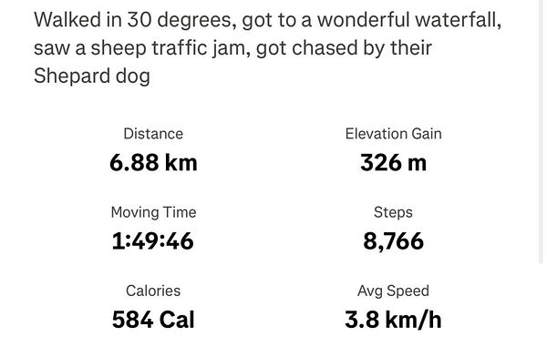 The image displays hiking statistics and a brief description of the hike experience.
