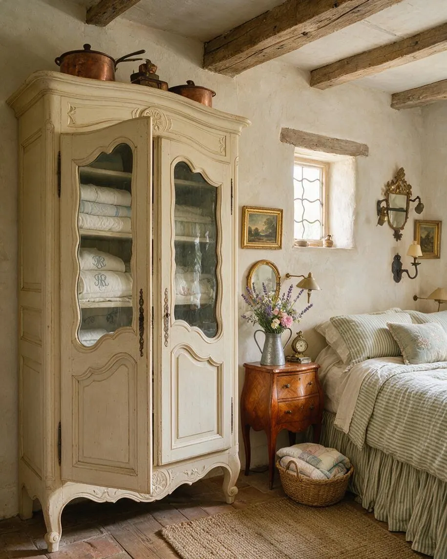 A cozy French Country guest bedroom with a large cream armoire, distressed wood beams, and white plaster walls. A carved wood bedside table, striped bedding, vintage wall sconces, and soft neutral textiles create a warm, rustic atmosphere.