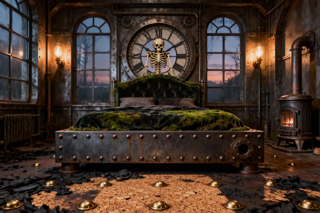 A moody steampunk bedroom centers on a tufted green velvet bed with a riveted steel frame, draped in moss-like textiles, set before a giant round clock. Patinated metal walls, arched factory windows at dusk, exposed pipes, Edison-bulb sconces, a cast-iron stove with fire, and a floor dotted with brass domes and scattered dark debris complete the industrial, Victorian-inspired scene, with a decorative skeleton positioned above the headboard.