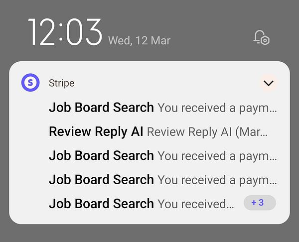 The image displays a smartphone notification screen showing payment notifications from Stripe.