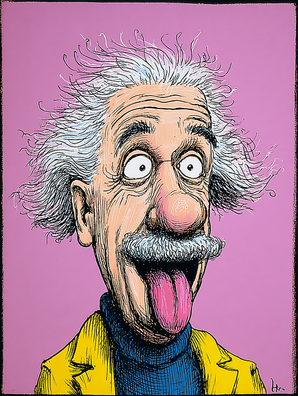 A cartoonish depiction of a man with wild hair and a playful expression.