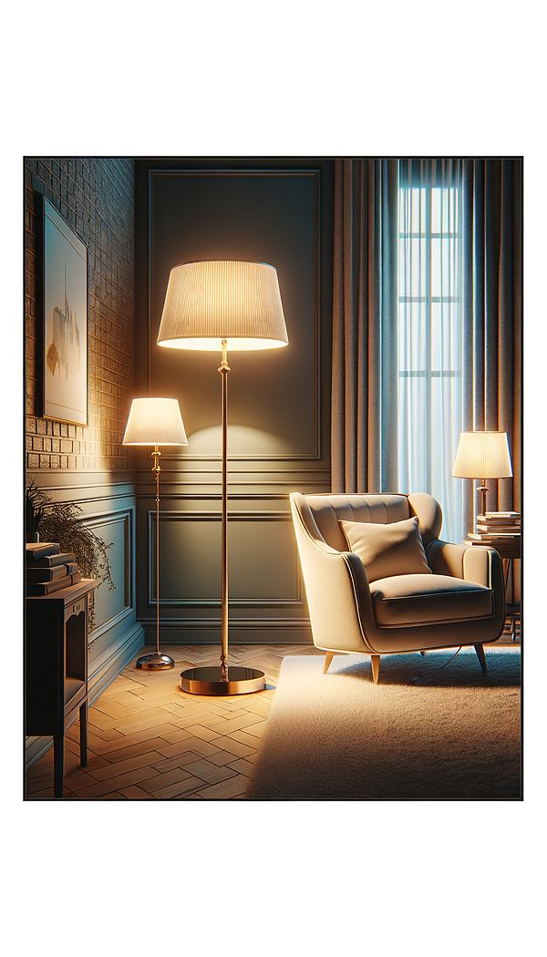 a tall, elegant floor lamp standing in a cozy, well-designed living room, illuminating a reading corner next to a comfortable armchair