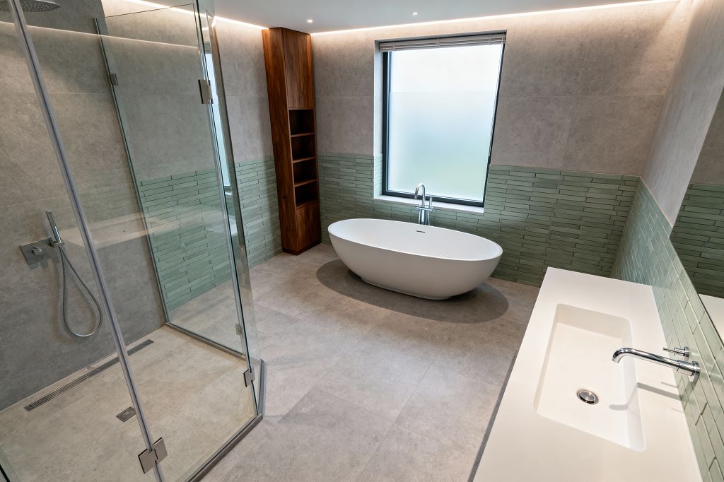 A contemporary bathroom features a white oval freestanding tub beneath a frosted window, surrounded by gray stone-look tiles and a band of slim sage-green wall tiles. A frameless glass shower with linear drain sits opposite a long integrated white vanity with a wall-mounted faucet, while a tall walnut shelving tower and concealed LED cove lighting add warmth and soft illumination.