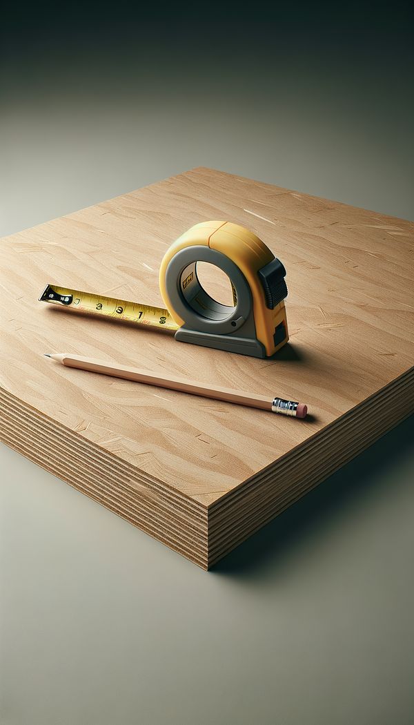 A smooth piece of medium density fiberboard (MDF) with a tape measure and a pencil laying on top, indicating planning for a project.