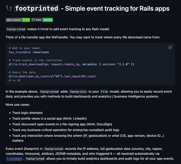 Screenshot of a GitHub repository README detailing a Ruby gem for event tracking with installation instructions and feature descriptions.