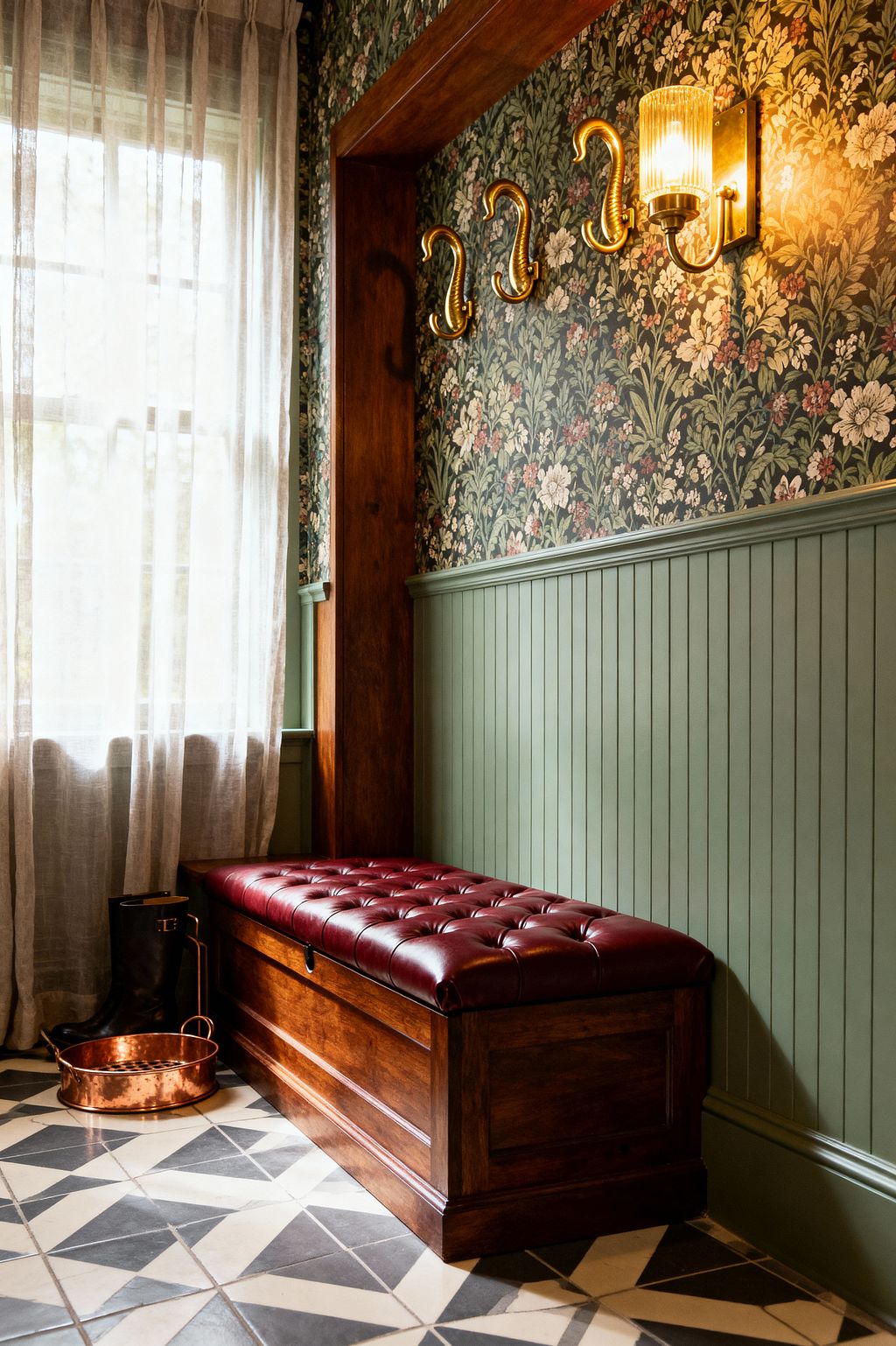 A Victorian-style mudroom nook features a dark-stained wood storage bench topped with an oxblood tufted leather cushion inside a wood-framed alcove; sage green beadboard wainscoting runs along the wall, while dense floral wallpaper in deep green, cream, and rose tones adds pattern. Three ornate brass hooks and a brass wall sconce with a ribbed glass shade line the wall above black, gray, and cream geometric floor tiles, with sheer linen curtains softening daylight and a hammered copper boot tray beside black wellington boots.