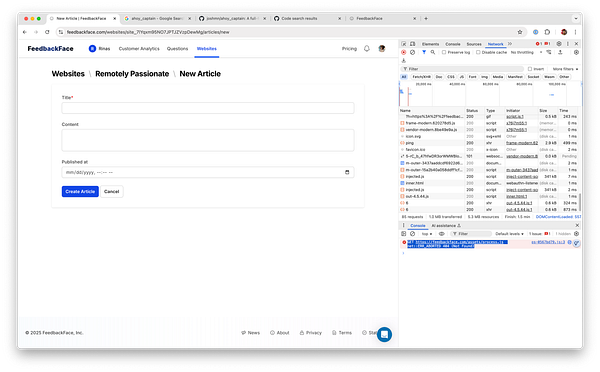 The image displays a web interface for creating a new article on the FeedbackFace platform, alongside a developer console showing network requests.