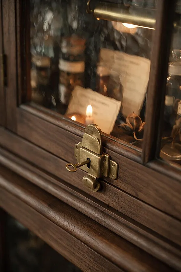 A close-up of a dark walnut display cabinet with a brass key lock and glass door. Inside, softly lit candles, paper labels, and glass bottles create a moody, antique atmosphere.