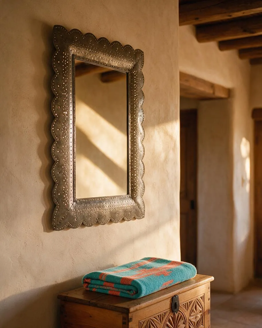 A Southwestern hallway with warm adobe walls, exposed wooden beams, and a decorative scalloped metal-framed mirror mounted on the wall. Below it sits a carved wooden chest topped with a folded turquoise and coral textile, lit by soft natural sunlight.