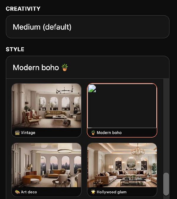 The image displays a user interface for selecting interior design styles, highlighting the 'Modern boho' option.