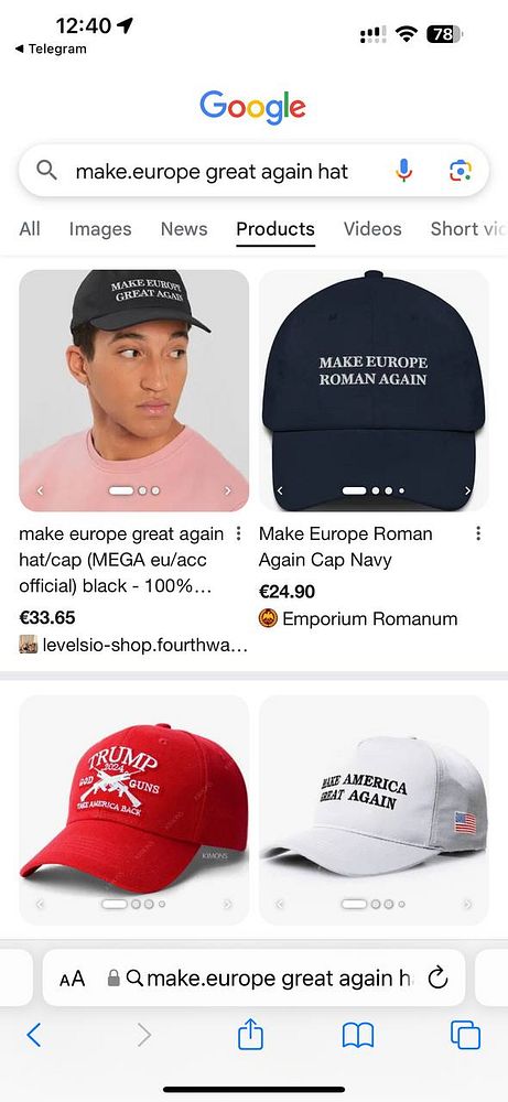 The image displays a Google Products search results page featuring various hats with political slogans.