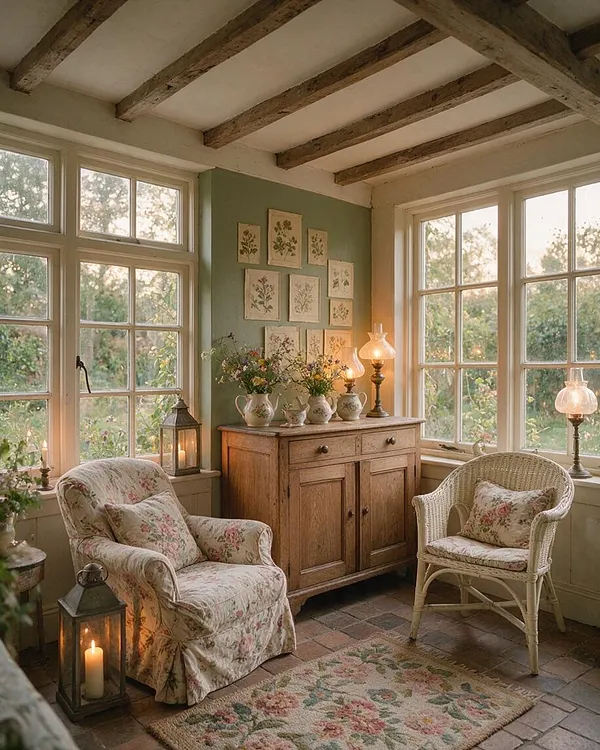 A cozy cottagecore sunroom with large multipane windows, exposed wooden ceiling beams, and soft daylight filtering in. The room features floral upholstered chairs, a weathered wood cabinet topped with vases of flowers, botanical wall art, lantern-style candles, and a muted floral rug over tiled flooring.