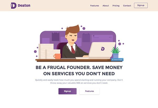 The image is a homepage design for 'Deaton' featuring a business-themed illustration and promotional content.
