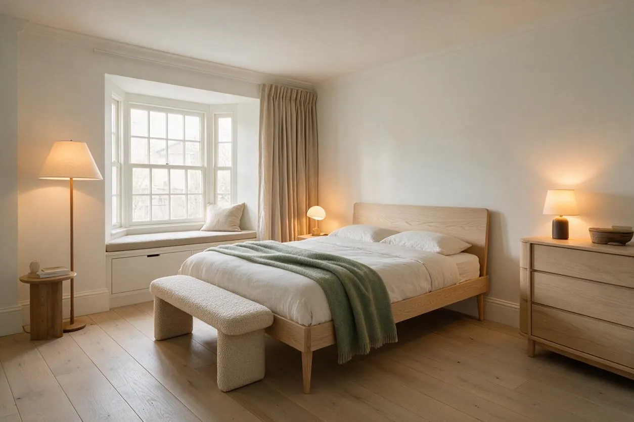 A bright Scandinavian-style master bedroom with a light wood bed, white bedding, and a sage green throw. The room includes a bay window seat with cushions, soft beige curtains, a textured bench at the foot of the bed, and warm lamps on minimal wood furniture.