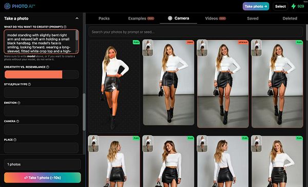 The image displays a user interface for the Photo AI application, showcasing a model in various poses and options for photo creation.