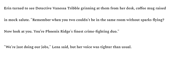 A character named Detective Vanessa Tribble is depicted at her desk, playfully engaging with two other characters.