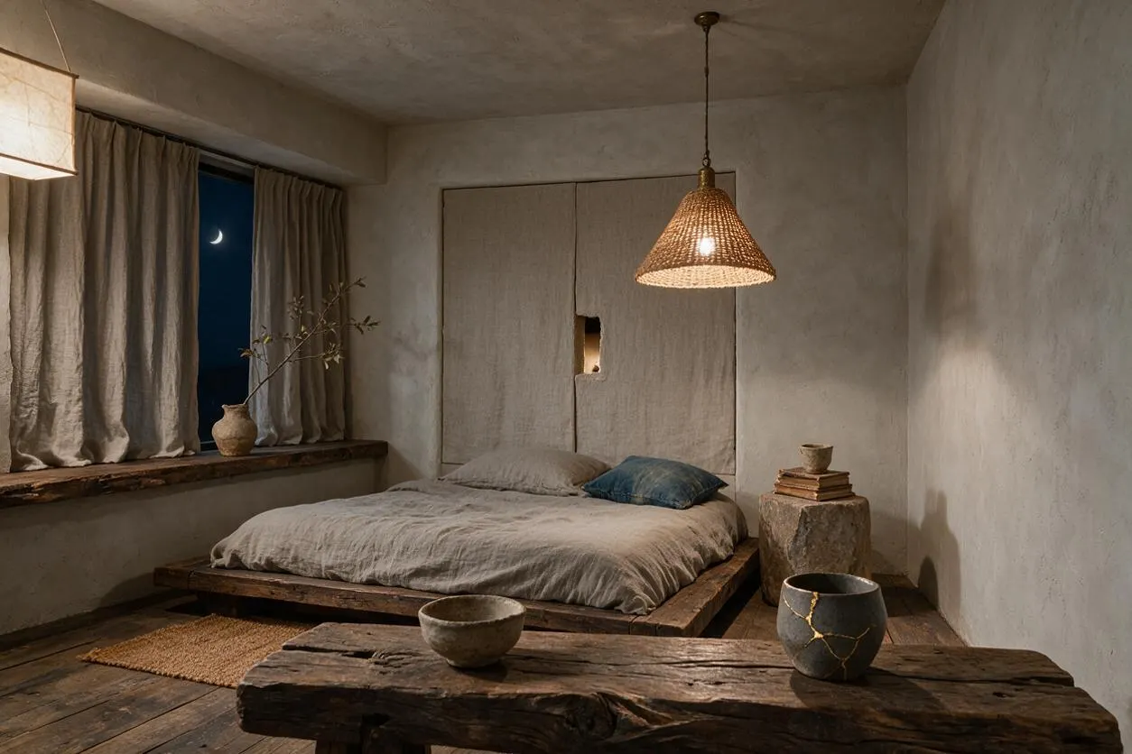 A serene master bedroom with a low wooden platform bed dressed in wrinkled linen bedding, soft neutral walls, and a woven pendant light overhead. The room includes a curtained window with a small vase on the sill, rustic wood furniture, ceramic vessels, and an earthy, minimal palette.