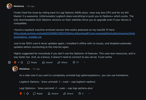 Screenshot of a Reddit post about downgrading Logitech Options software with visible Reddit interface elements.