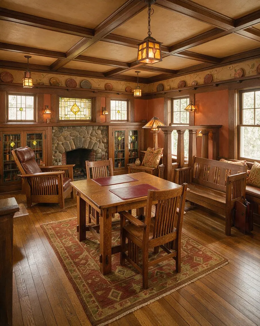 A Craftsman-style home office with rich wood trim, a coffered ceiling, and warm amber lighting. The room includes a stone fireplace, built-in glass-front cabinets, a wood desk and chair set over a patterned rug, and benches along the walls beneath stained-glass windows.