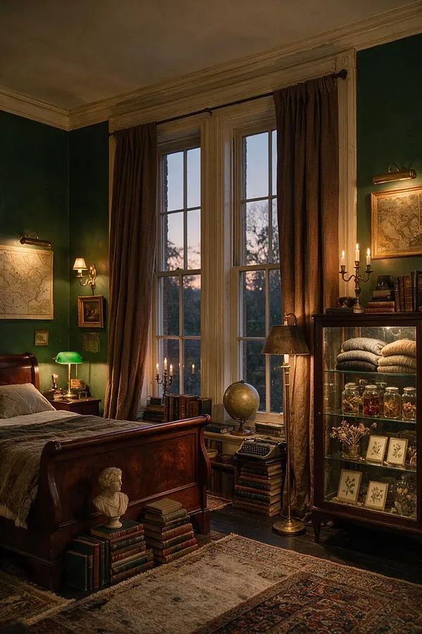 A dark academia master bedroom with deep green walls, tall windowed doors dressed in brown drapes, and warm lamp and candle lighting. The room includes a dark wood bed, antique-style maps and framed art, stacked books, a globe, a glass cabinet of curiosities, and patterned rugs that create a scholarly, richly layered atmosphere.