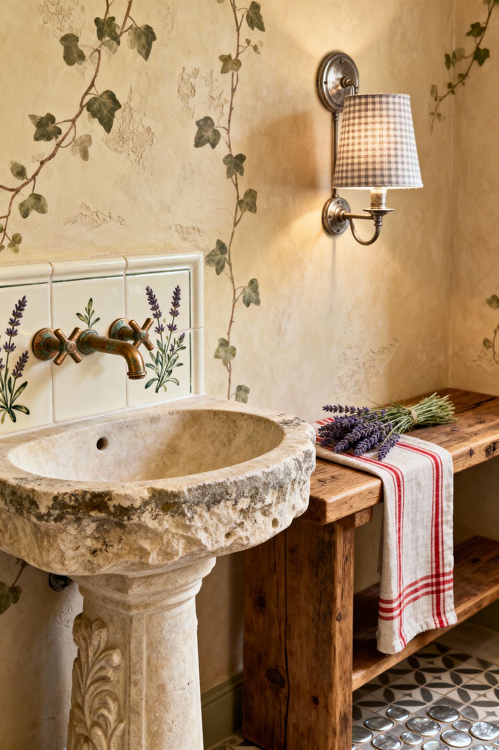 A French Country bathroom vignette with a carved limestone pedestal sink beneath a wall-mounted vintage brass faucet set into hand-painted ceramic tiles featuring lavender sprigs. Aged plaster walls stenciled with trailing ivy surround a metal wall sconce with a gray gingham shade. To the right, a chunky reclaimed-wood bench holds a red-striped linen and fresh lavender, and patterned gray-and-cream floor tiles appear below.