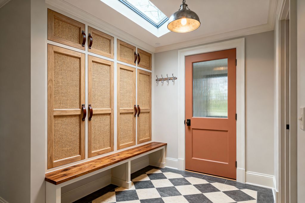 A transitional mudroom features full-height lockers with natural wood frames and woven cane doors, each fitted with dark leather strap pulls, above a long wood bench. A terra-cotta painted exterior door with a large reeded-glass panel and black hardware sits opposite a small metal coat rack. The floor is a black-and-cream diamond check, walls are soft greige with crisp white trim, and a skylight plus a dome metal pendant provide bright, even light.