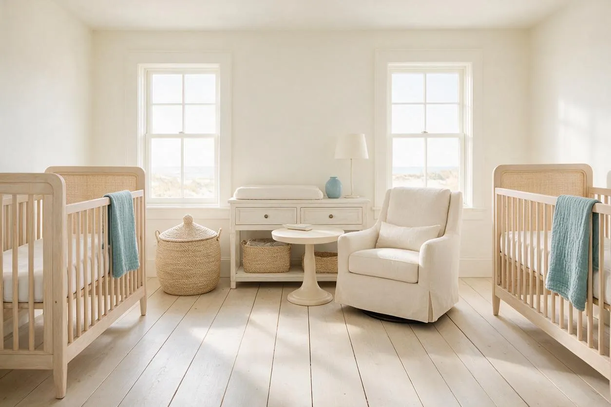 A bright coastal nursery with two light wood cribs placed on either side of the room, each dressed with soft blue blankets. Centered between them are a cream armchair, a small round pedestal table, and a white dresser with woven storage baskets, all set against pale walls and wide plank floors with sunlight streaming through two windows.