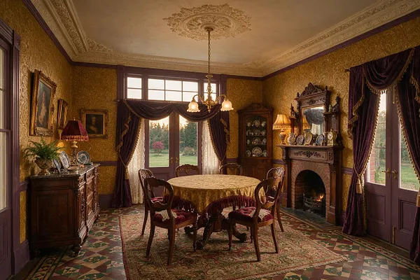 A richly decorated Victorian-style room opening to a backyard view through tall glass doors and windows. The space features dark wood furniture, burgundy velvet drapery, gold patterned wallpaper, an ornate fireplace mantel, a chandelier, and a round table set on a traditional patterned rug.