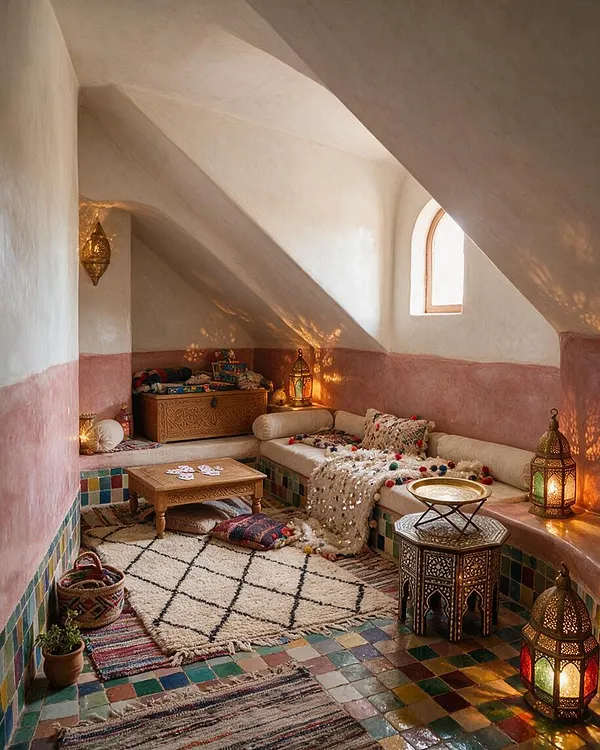 A cozy Moroccan-style game room with sloped white plaster ceilings, a pink plaster wall band, and colorful mosaic tile flooring. The room includes a low built-in bench with cream cushions, patterned pillows, a small wooden coffee table, woven rugs, carved lanterns, and warm ambient light filtering through a small arched window.