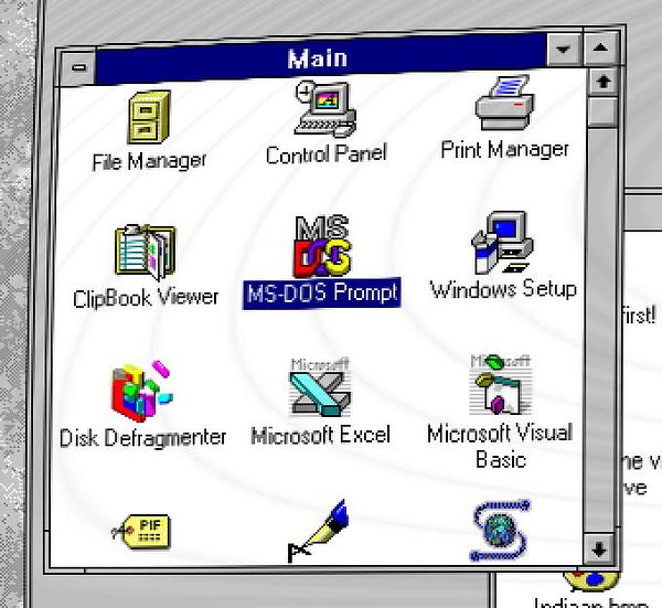 Screenshot of Windows 3.11 desktop running inside Em-DOSBox emulator with MS-DOS Prompt window open and command-line interface displayed.
