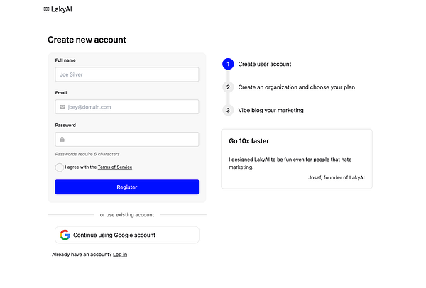 The image displays a registration form for creating a new account on the LakyAI platform.