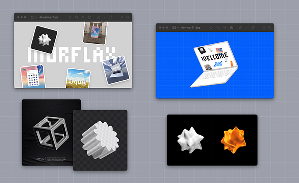 The image features a digital workspace showcasing various design elements and 3D models related to the Morflax project.
