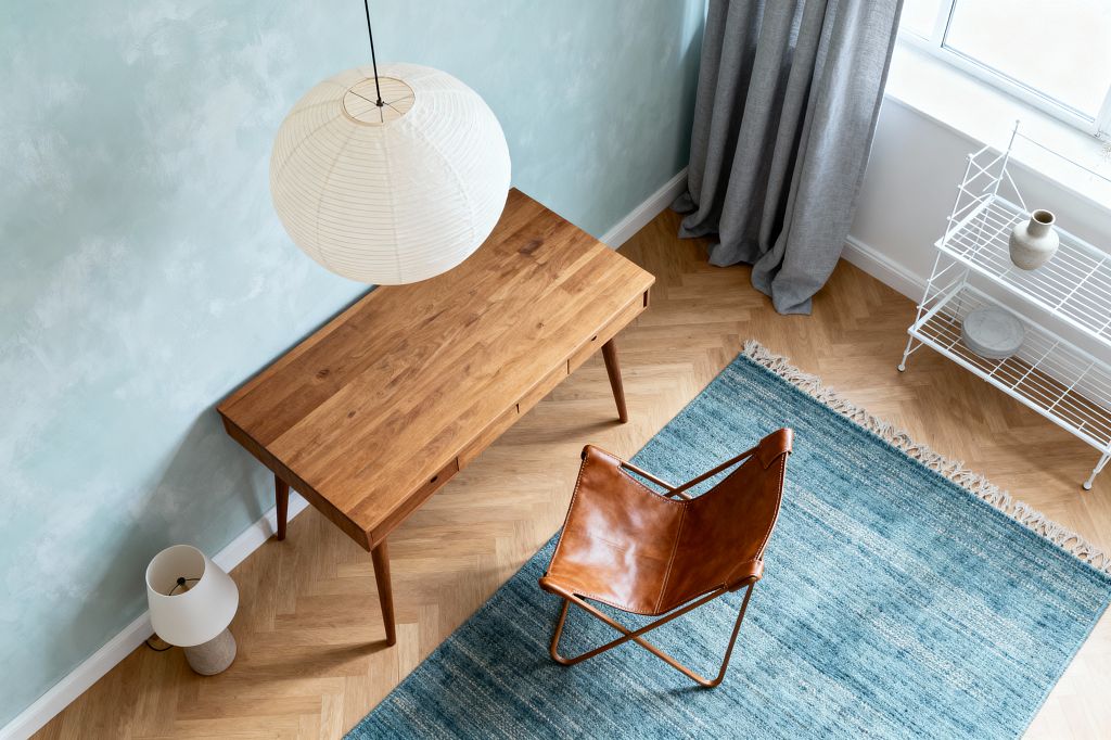 Top-down view of a Scandinavian home office with a slim oak writing desk against a pale blue textured wall. A cognac leather sling chair sits on a muted blue flatweave rug over light oak herringbone flooring. On the right, a white wire shelving unit holds a ceramic vase and plate beside a window dressed with gray linen curtains. A round white rice paper pendant hangs above, and a small table lamp with a stone base and fabric shade sits on the floor.