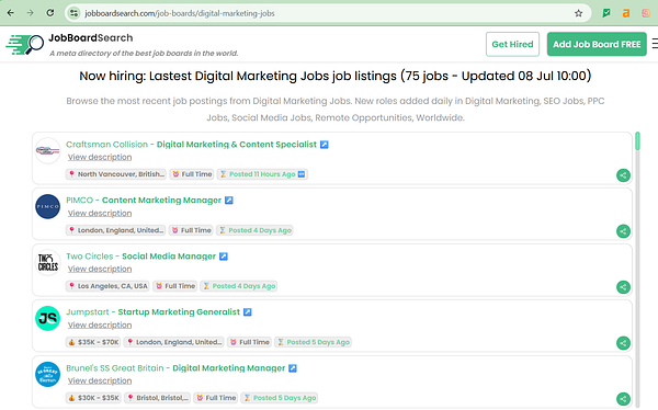 The image displays a job board webpage featuring listings for digital marketing jobs.