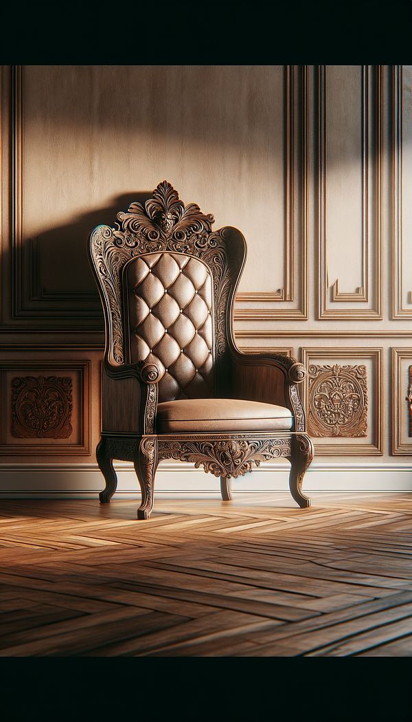 An old, intricately carved Cassapanca with a high backrest, placed against a wall in a warmly lit, elegant room.