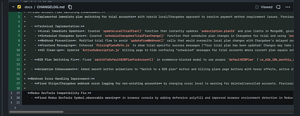 The image displays a code snippet from a changelog document detailing multiple app fixes.
