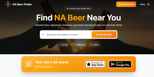 The image displays a landing page for the NA Beer Finder website, featuring a search bar and promotional elements.
