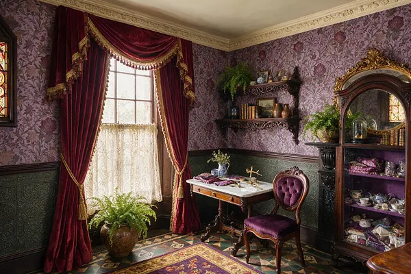 A Victorian-style sunroom with purple floral wallpaper, dark green wainscoting, and a tall window framed by heavy burgundy velvet curtains with gold fringe. The room includes a small writing table, a tufted purple chair, a carved wooden display cabinet, potted ferns, and patterned tile flooring.