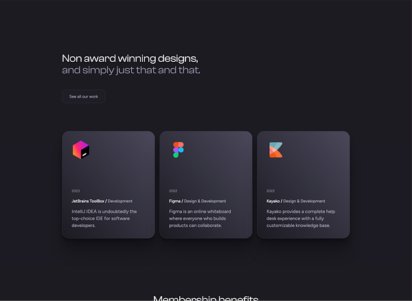 The image features a dark-themed layout showcasing three design projects with brief descriptions.